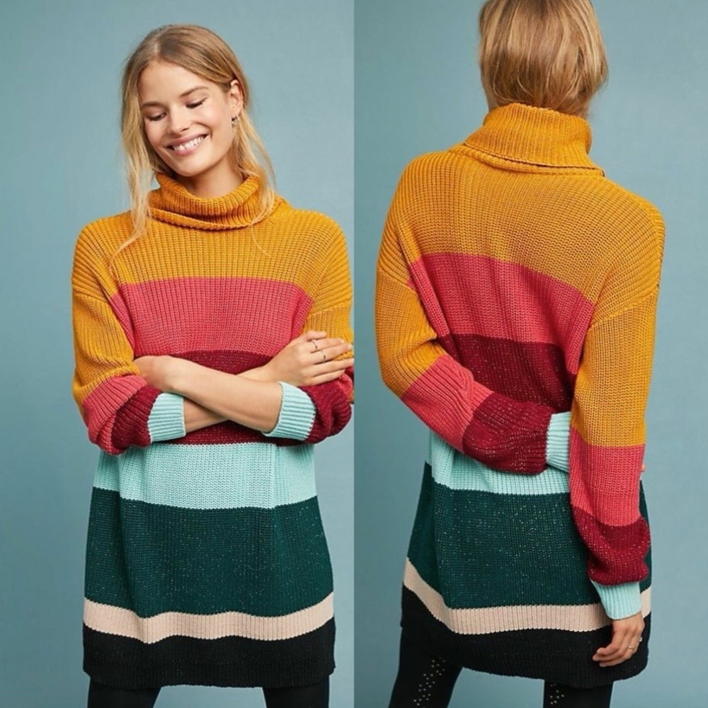 Farm Rio Striped Cotton Knit Turtleneck Sweater Dress